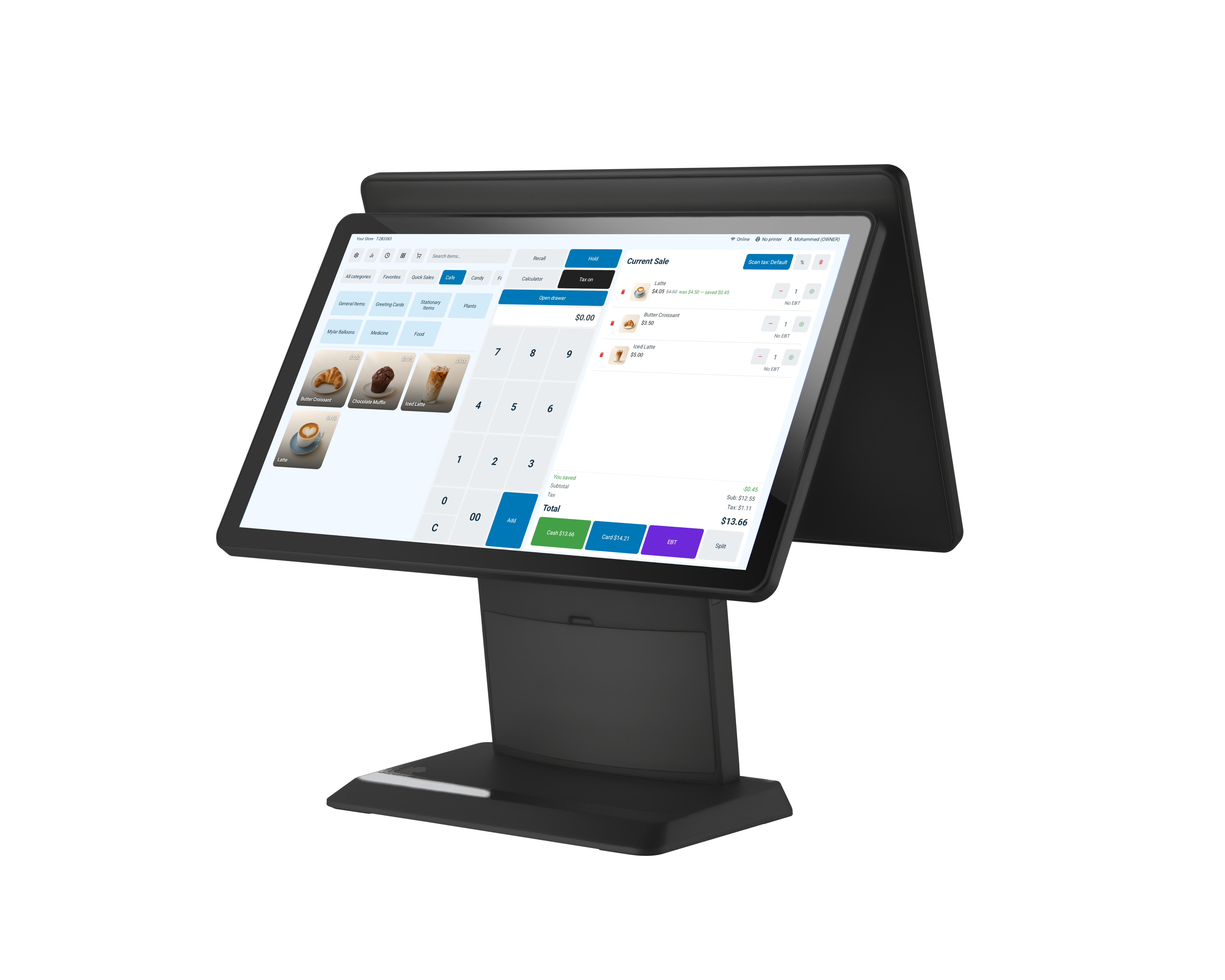 SleetPOS terminal with the café checkout screen